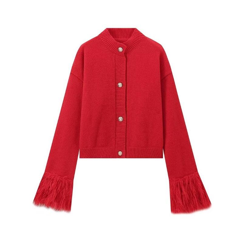 Women Solid Knit Cardigan With Faux Fur Trim Long Sleeve