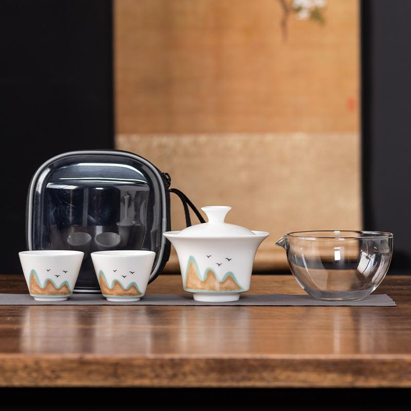 

High-grade suet jade porcelain travel tea set Kuaike cup one pot and two cups outdoor portable teacup teapot light luxury souvenir