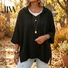 Fall Pullover Sweater Autumn Women Knit Sweater, Loose Fit Drawstring Hooded Solid Color 3/4 Sleeve Drop Shoulder Casual Long Tops