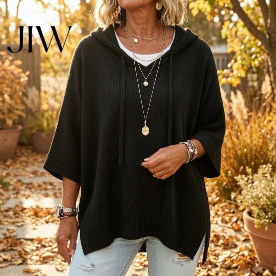 Fall Pullover Sweater Autumn Women Knit Sweater, Loose Fit Drawstring Hooded Solid Color 3/4 Sleeve Drop Shoulder Casual Long Tops