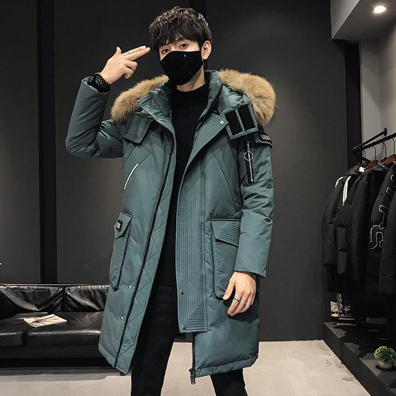 Down Jacket Men's Medium-length Large Fur Collar Thickened Warm Pie Overcoming Trendy Brand Workwear Knee-high 90 Down White Duck Down Jacket