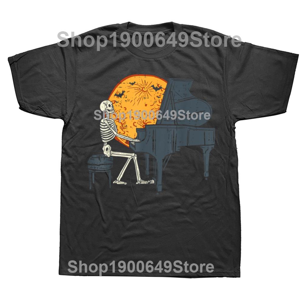 Funny Skeleton Playing Piano Moon Halloween Music Tshirts Men Fashion Casual Tshirt 100 Cotton Loose Oversized T Shirt Summer