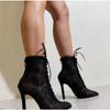 New Black Mature Mesh Women Boots High Heel Pumps Floral Lace-Up Thin High Heels Ankle Pointed Toed Party Wedding Shoes