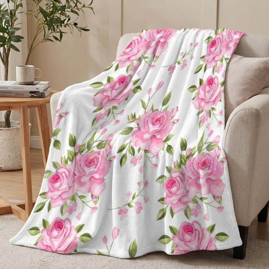 Rose Blanket, Soft Cozy Floral Throw Blanket Gift for Girl Women, Fuzzy Comfy Flannel Blanket for Couch,Travel,Bed,House Decor