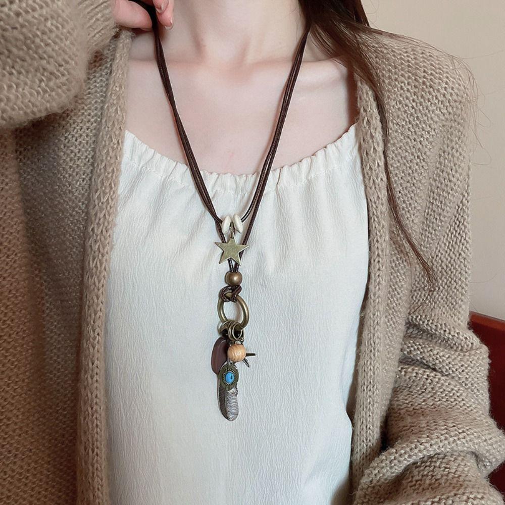 Wood Bohemian Style Choker Geometric Long Sweater Chain Exquisite Ethnic Style Necklace  Decoration