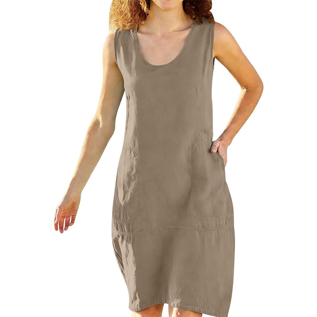 Womens Fashionable Loose-Fit Sleeveless Cotton-Linen -Color Dress With Pockets