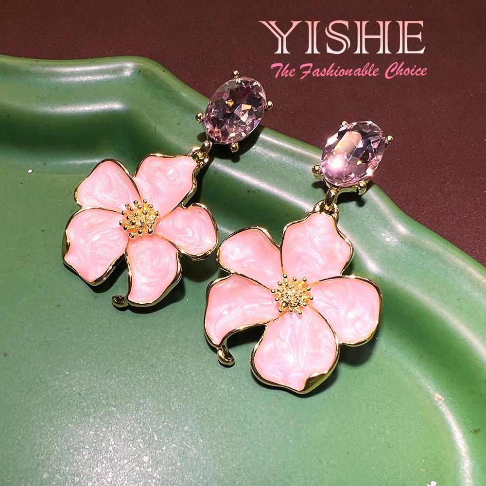 New Chinese Style Cloisonné Enamel Large Pink Flower Earrings In Elegant Gold-Plated Copper - European & American Statement Jewelry.