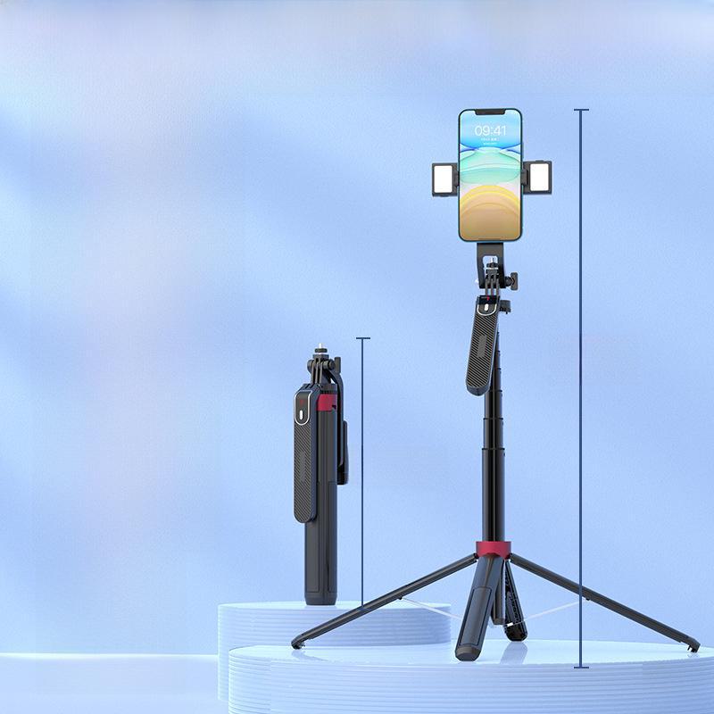 Stabilizzatore portatile P185: Quadripiede con fotocamera mobile in lega di alluminio e bastone per selfie Bluetooth con luce di riempimento