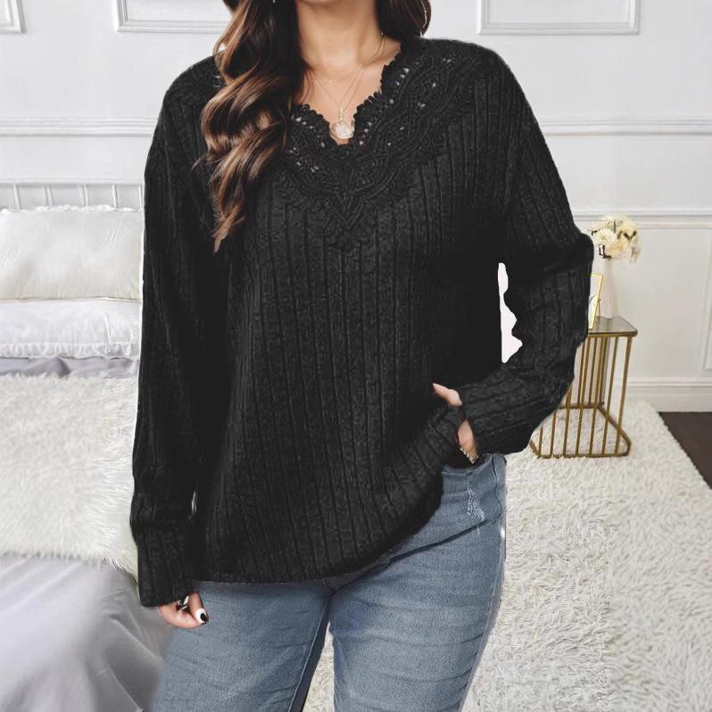 Women's V-Neck Lace Trim Loose Fit Long Sleeve Knit Top for Casual Wear