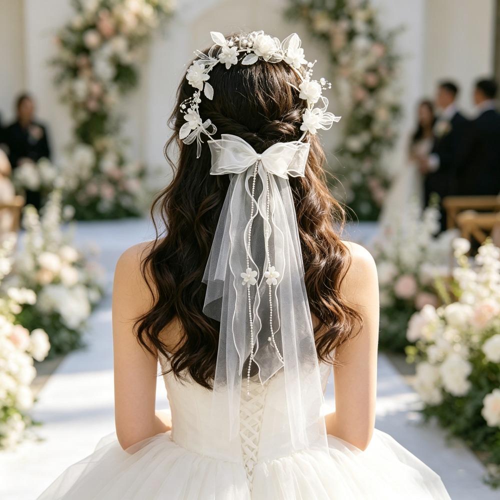 White Bridal Veil Mesh Flower Wreath Portable Marriage Headwear Outdoor Wedding Guest