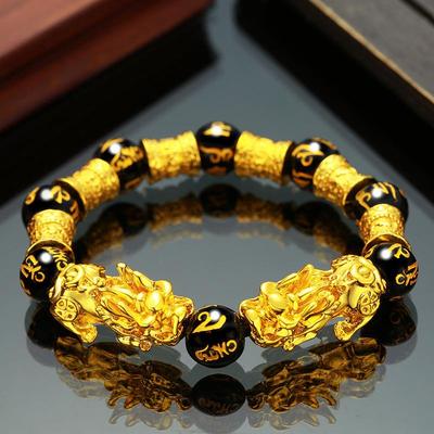 Unisex Pixiu Bracelet: Black Obsidian & Vietnamese Sand Gold for Couples.