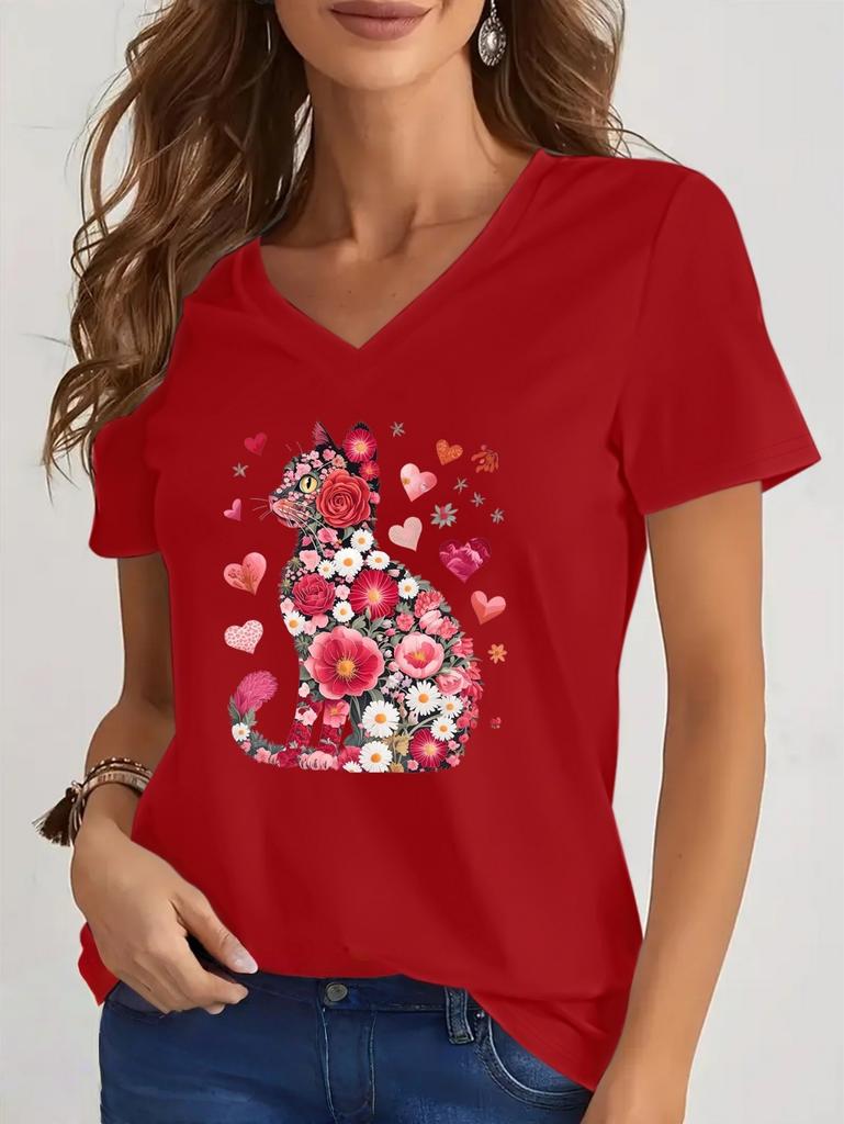 2026 New Summer Women's Fashion T-Shirt Short Sleeve 3D Cat Print Top Tees V-Neck Casual Woman Graphics Clothes Women's Clothing