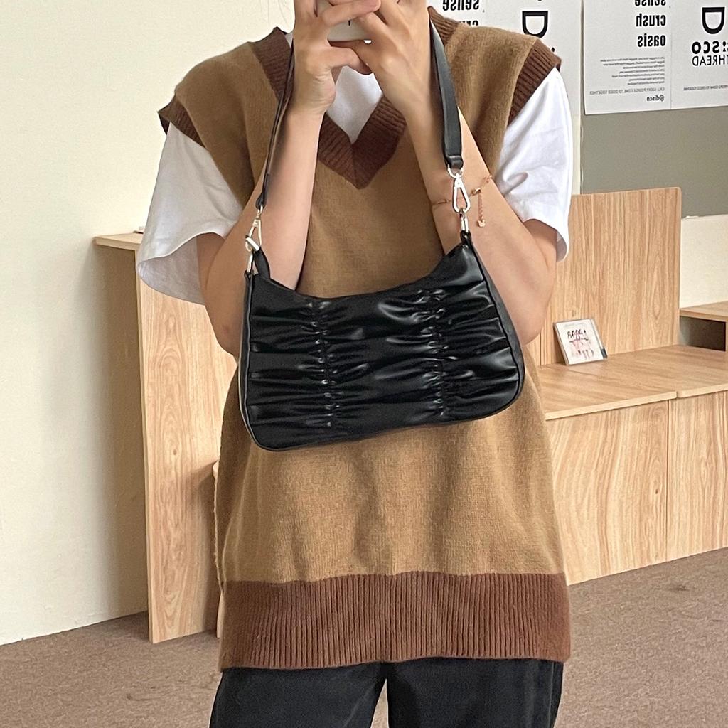 Luxury Design Shoulder Bags For Women PU Leather Pleated Underarm Bag Simple Small Purse and Handbags Casual Ladies Shopper Tote