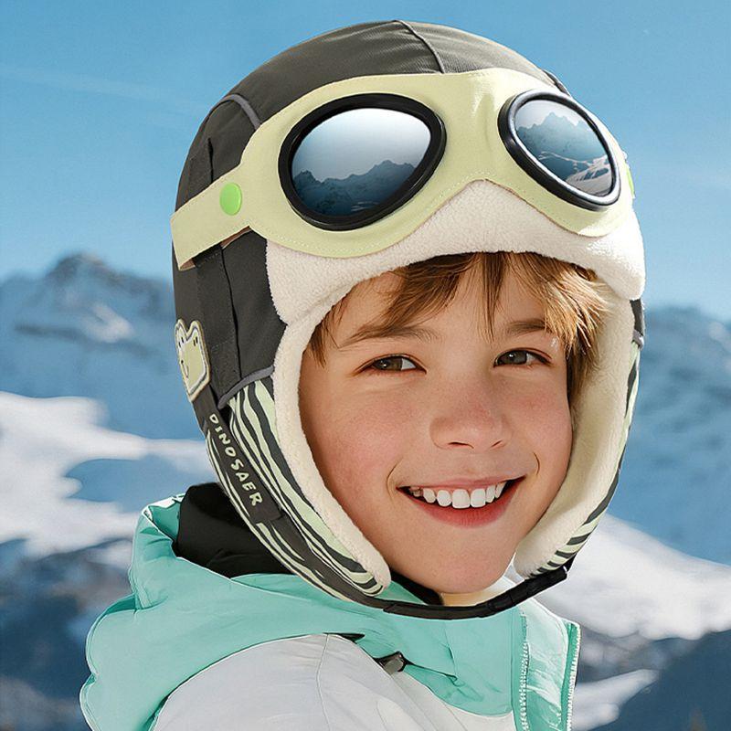 Children's Winter Pilot-Style Thickened Fleece-Lined Balaclava Hat with Goggles Ski Hat