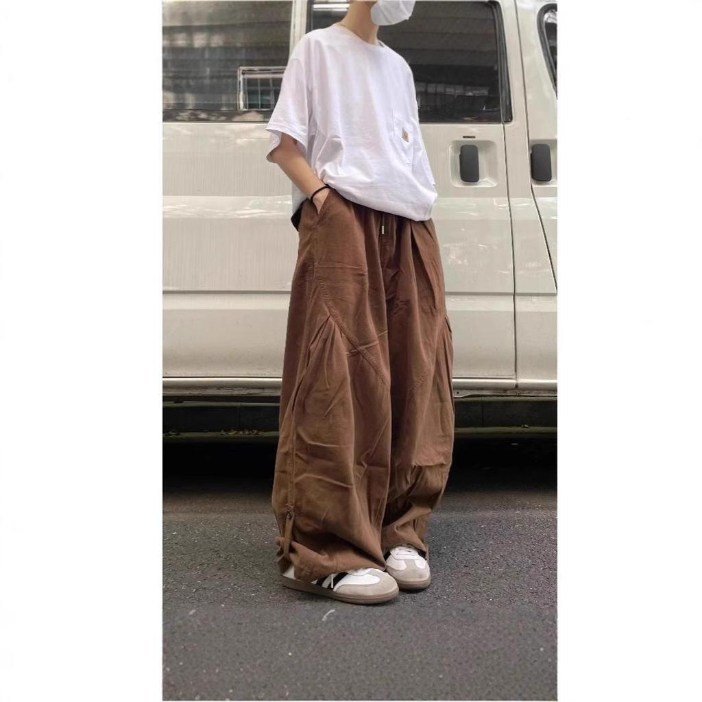 Fat Brother Men's Wide Leg Retro Pleated Pants: Elastic Waist, Loose Fit, Floor-Length, Hong Kong Style for Spring & Autumn