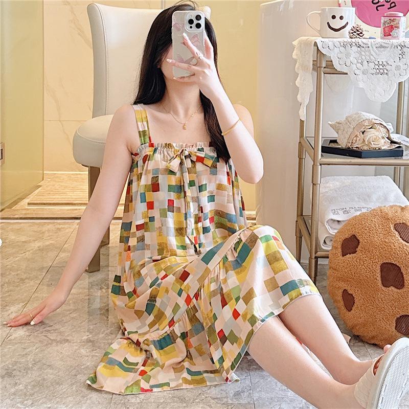 Cotton Nightdress Women'S Summer Thin Pajamasspring And Autumn Cotton Korean Cute Casual Print Dress Loungewear