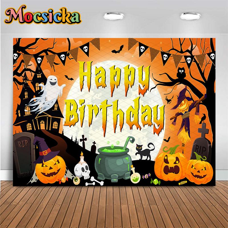 Mocsicka Halloween Happy Birthday Photography Backdrop Haunted House Pumpkin Background Cloth Kid Party Photo Booth Studio Decor