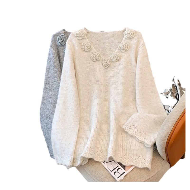 Pink Flower V-Neck Sweater - Plus Size, Mid-Length for Chubby Women, Fall/Winter 2024