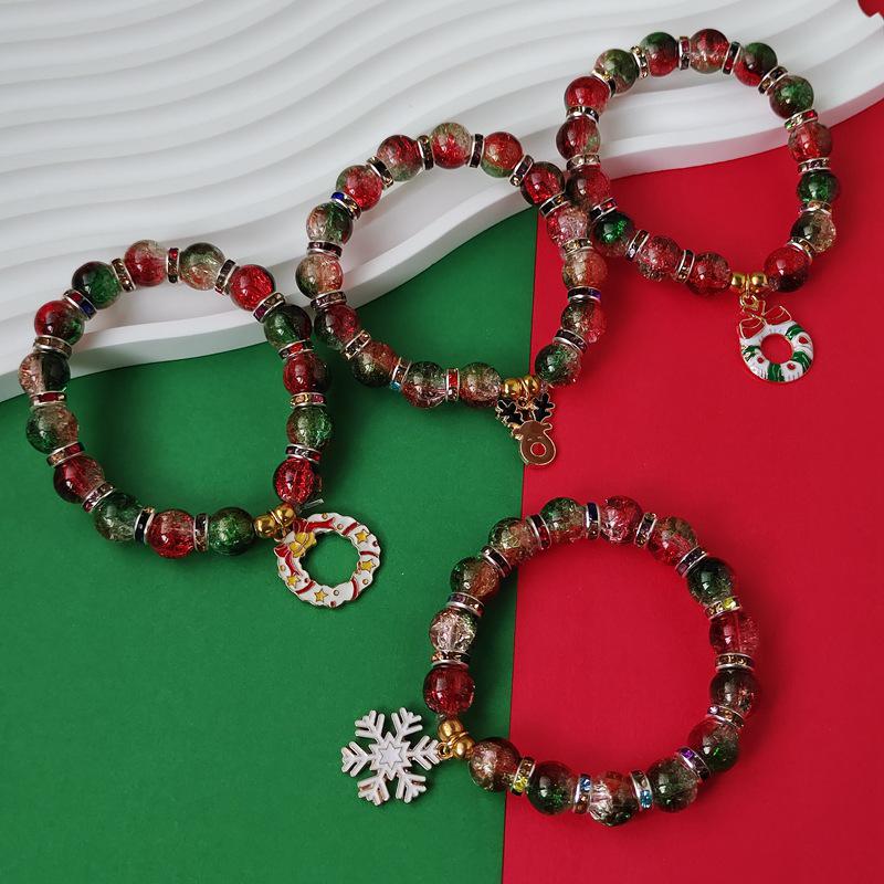 Christmas Diamond Santa & Snowflake Glass Bracelet: Stylish & Versatile Holiday Accessory.