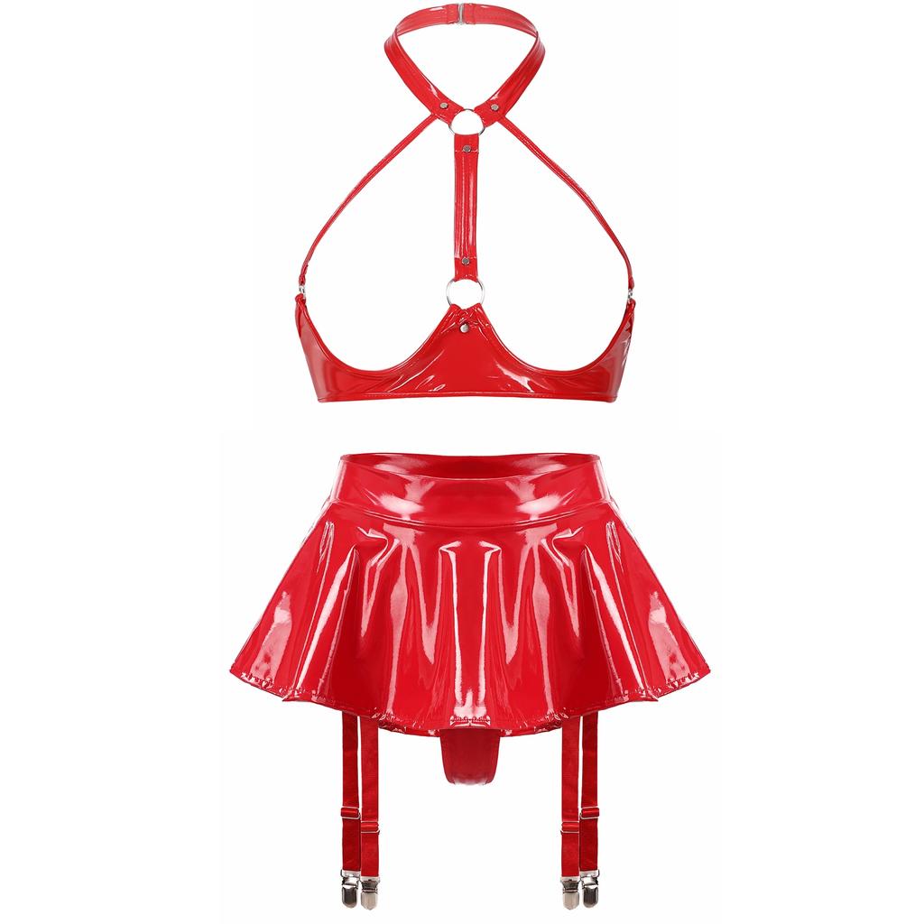 Women Shiny Leather Lingerie Set Cupless Bra Top with Ruffle Built-in Thongs Garter Mini Skirt for Party Clubwear Sexy Outfits