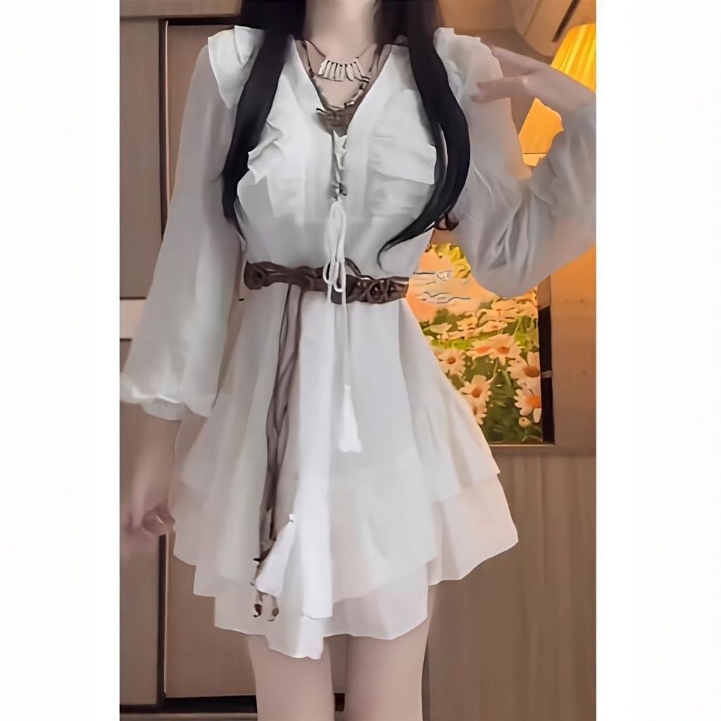 White ruffle edge long-sleeved V-neck shirt dress women's early autumn new sweet design waist and thin short skirt
