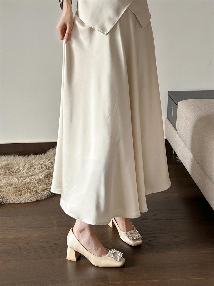 French Rhinestone Square Buckle Satin Light Mouth Single Shoes Women's New Temperament Square Head Thick Heel High Heels