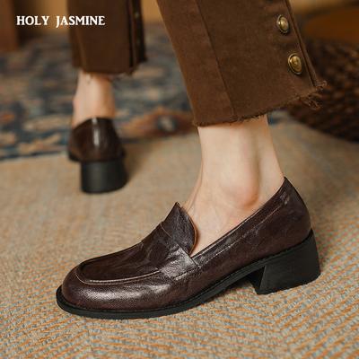 High Heels Women Pumps Retro Round Toe Genuine Leather 2024 Spring Summer Concise Casual Working Shoes Woman Loafers New Shoes