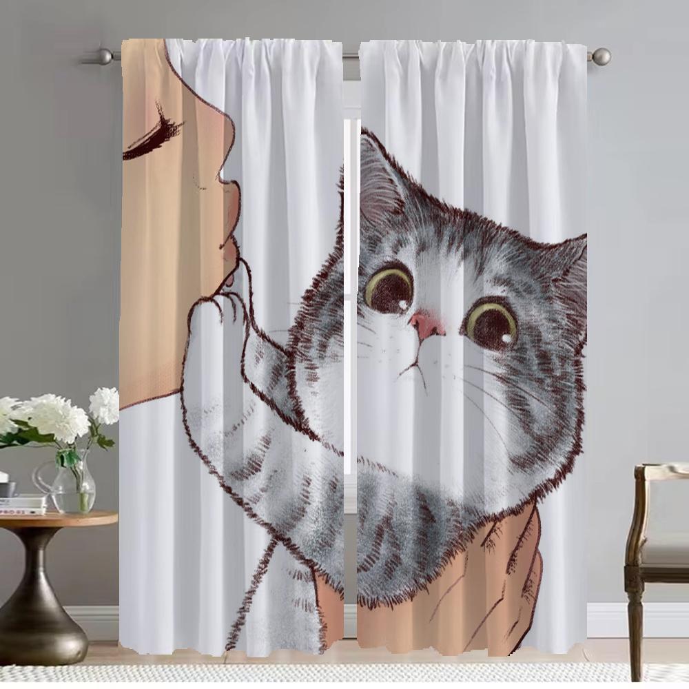 Cat Tulle for Bedroom Anti-mosquito Curtains 2 Pieces Blackout Curtain for Room 2 Panel Halloween Decoration Partition Shades