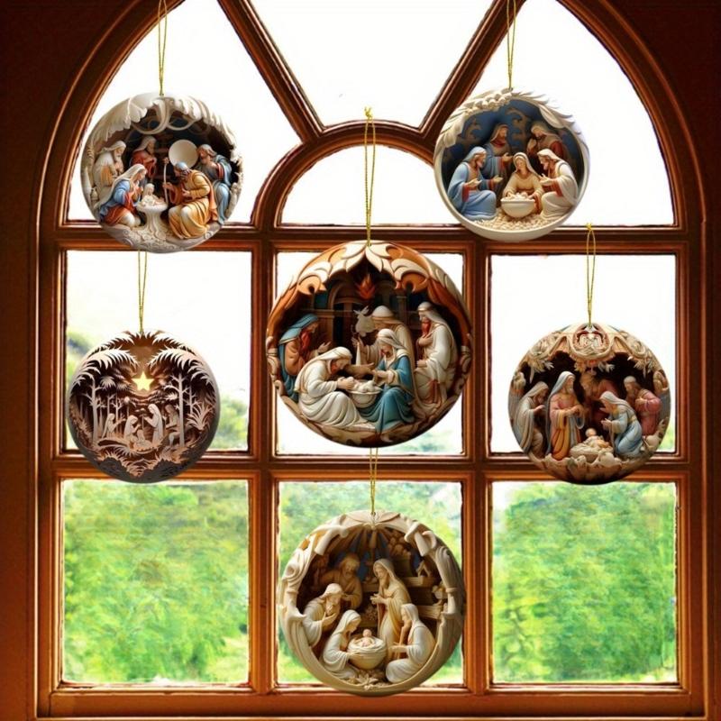 12pcs Wood Pendant Christmas Tree Ornament Set Hanging Decoration with Detailed Craftsmanship Religious Accessories