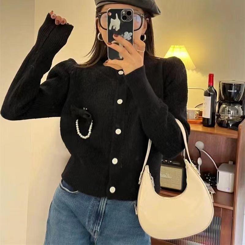 Cardigan Pulover dulce cu gât rotund Cardigan cu fund cu mânecă lungă Design Sense franceză Mici parfumat Cardigan Pulover haină pentru femeie