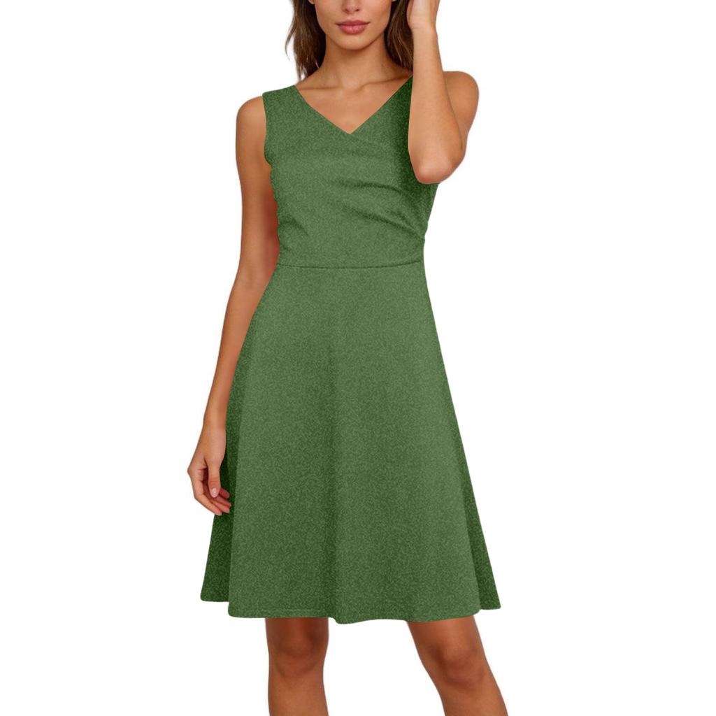 Women Elegant Sleeveless Wrap V Neck A-Line Dress
