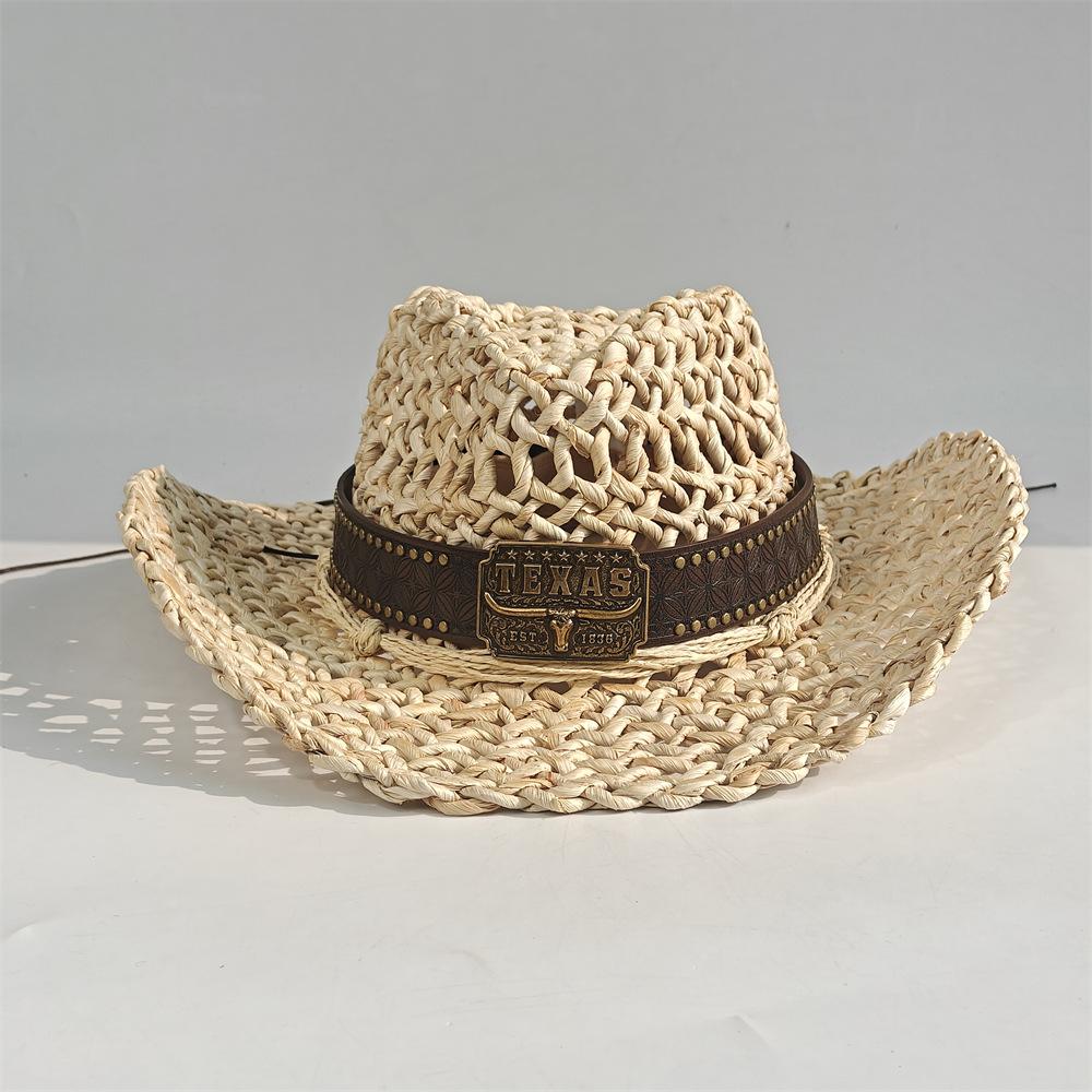 Hollow straw hat Summer sunshade cowboy hat Handwoven hat Outdoor sunscreen straw hat Corn husk