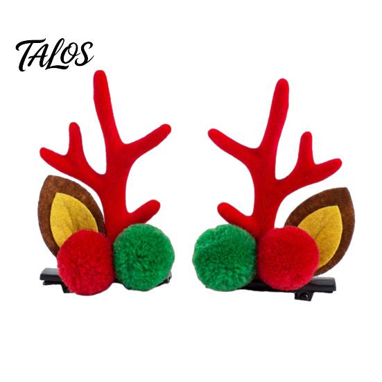 Holiday Party Hair Accessory 1 Pair Reindeer Antler Clips for Christmas Fluffy Ear Headband with Ears Clip Pom Poms Festive Girls Accessories
