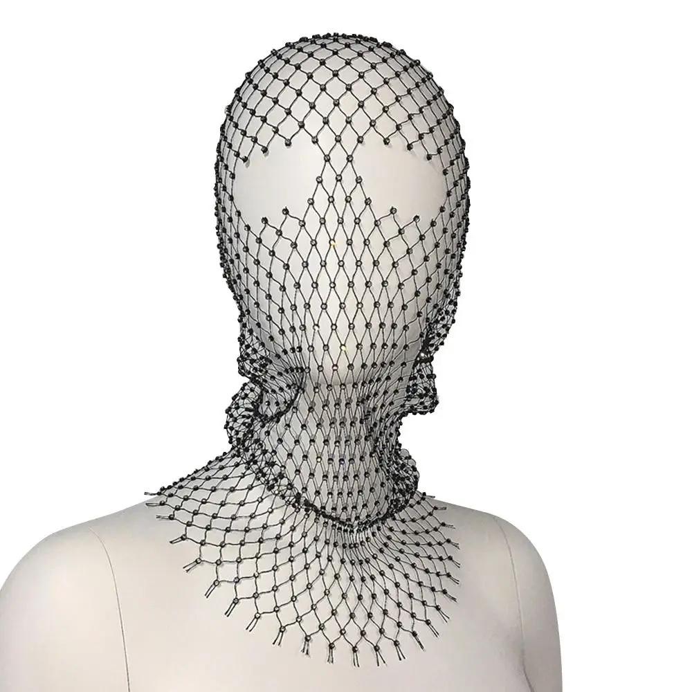 

Women Balaclava Elastic Rhinestone Turban Ladies Shining Fishnet Headhood Holiday Party Head Mask Diamond Headwrap Headcover чорний