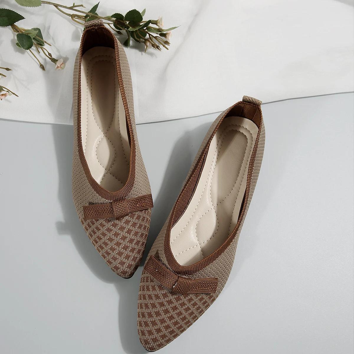 

Новые женские трикотажные туфли на плоской подошве, дышащие, удобные, с бантом, повседневные, с острым носком, кроссовки для ходьбы, мокасины 43 коричневый