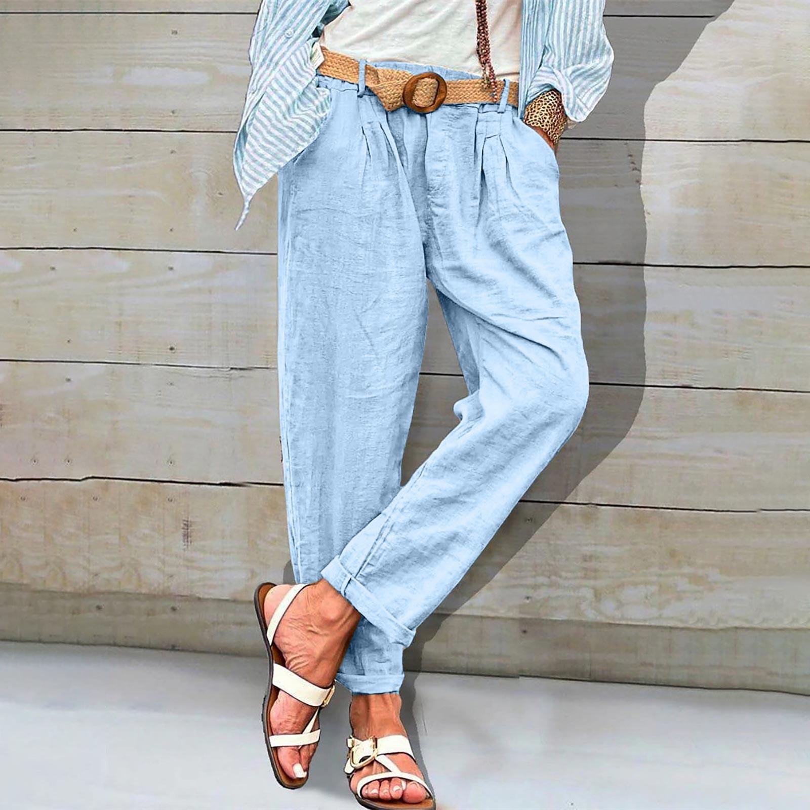 

Женское льняное повседневное прямое платье с высокой талией и широкими штанинами, хлопковые льняные брюки, брюки на пуговицах XXL светло-синий