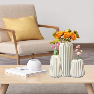 White Ceramic Vase Set Vertical Ribbed Aesthetic Flower Vases Set Of 3 Boho Home Decorations Centerpiece For Bathroom Wedding