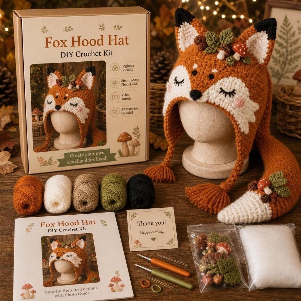 With Step-by-Step Guide Hood Hat Crochet Kit Animal Hood Hat Crochet Kit  for Adults&Kids Gift