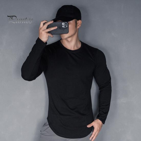 Pánský top na jaro podzim s kulatým výstřihem, slim fit, pružný, střední délky, s dlouhým rukávem, pulovrová mikina pro domov, sport, posilovnu, street wear