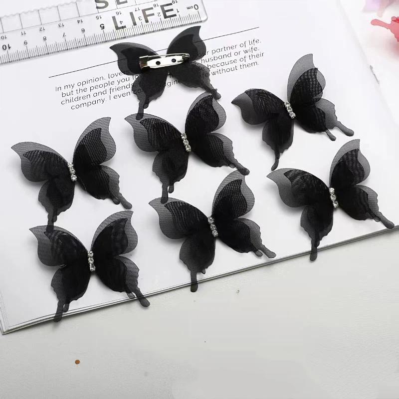 6 Colors 3D Tulle Butterfly Brooch Pins 10Pcs Rhinestone Organza Lapel Pins for Women Fashion Daily Wear Accessory