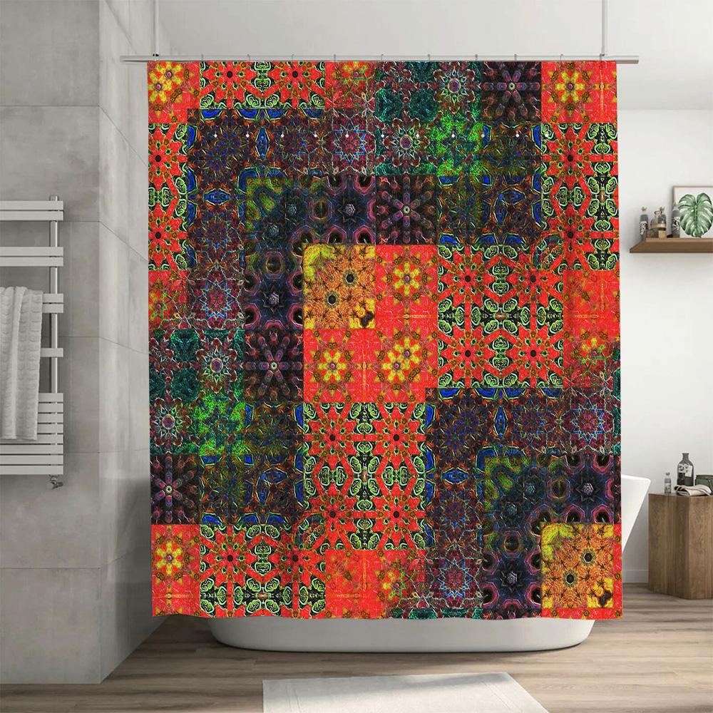 Bathroom Decor Shower Curtain Flowers Print Waterproof Fabric Decoration Home Hanging Bath Mat Yellow Orange Red Green