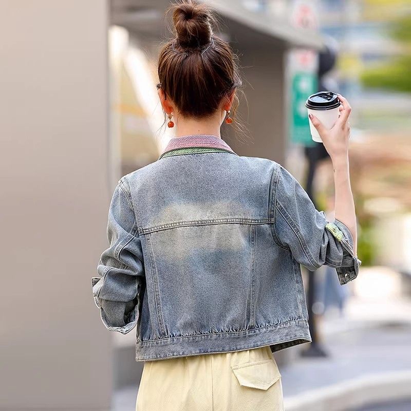 Spring Colorful Short Denim Jacket Women Vintage Hong Kong Style Motorcycle Coat Workwear Collar