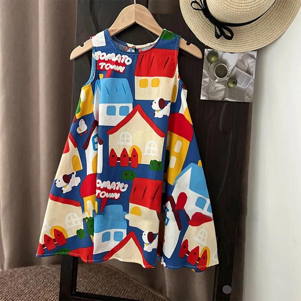 Fashion Cute Cartoon Print 3-7Years Girls A-line Dress Summer Magnanimous Tank Casual Floral Baby Kids Clothes 3T