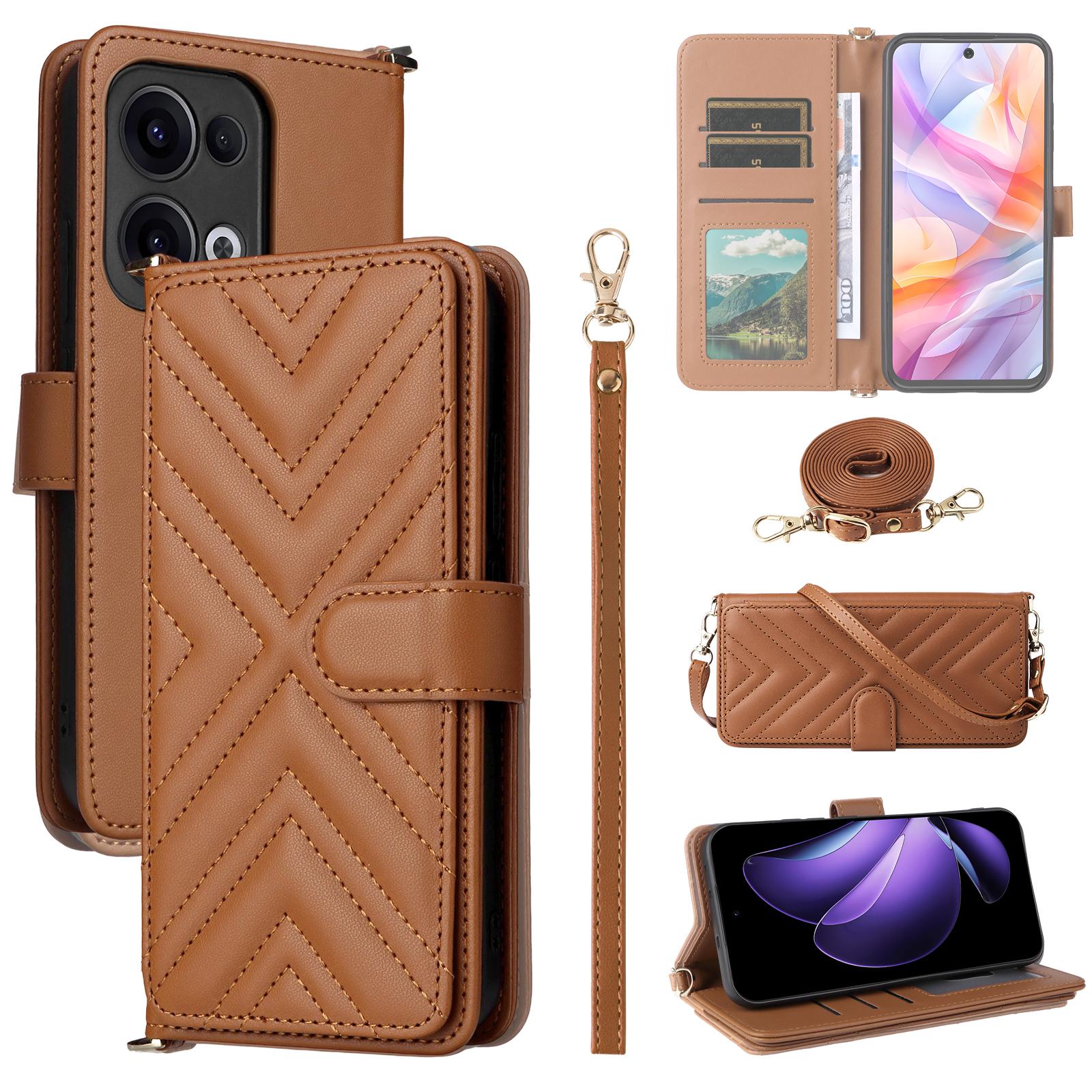 

Для Oppo Reno13 5G (Глобальный) Чехол-кошелек с плечевым/кистевым ремешком Кожаный чехол для телефона Подставка Brown