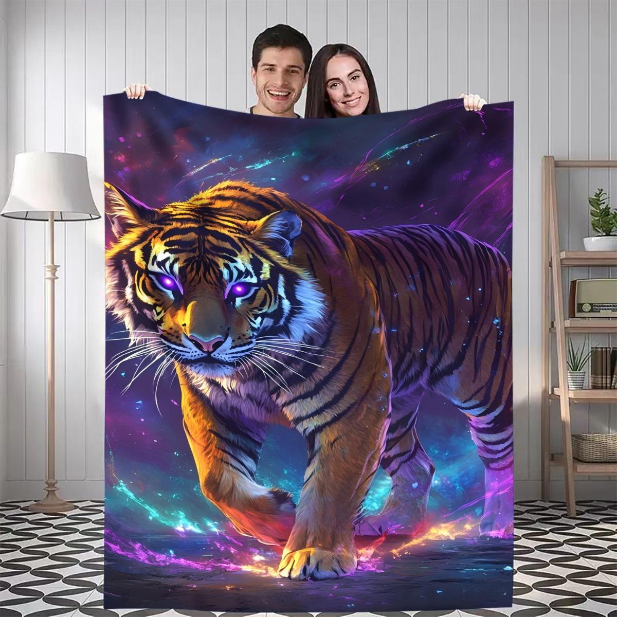 

1pc Vibrant Neon Tiger Digital Printed Blanket - Soft Flannel All-Season Throw with Starry Night & Cosmic Design, Perfect for 75x90cm28x35in