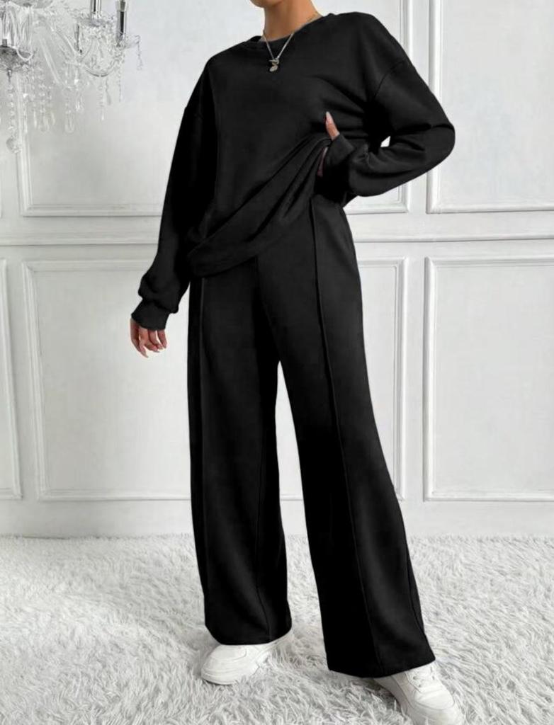 Light Grey Ribbed Knit Loungewear Set with Wide Leg Pants