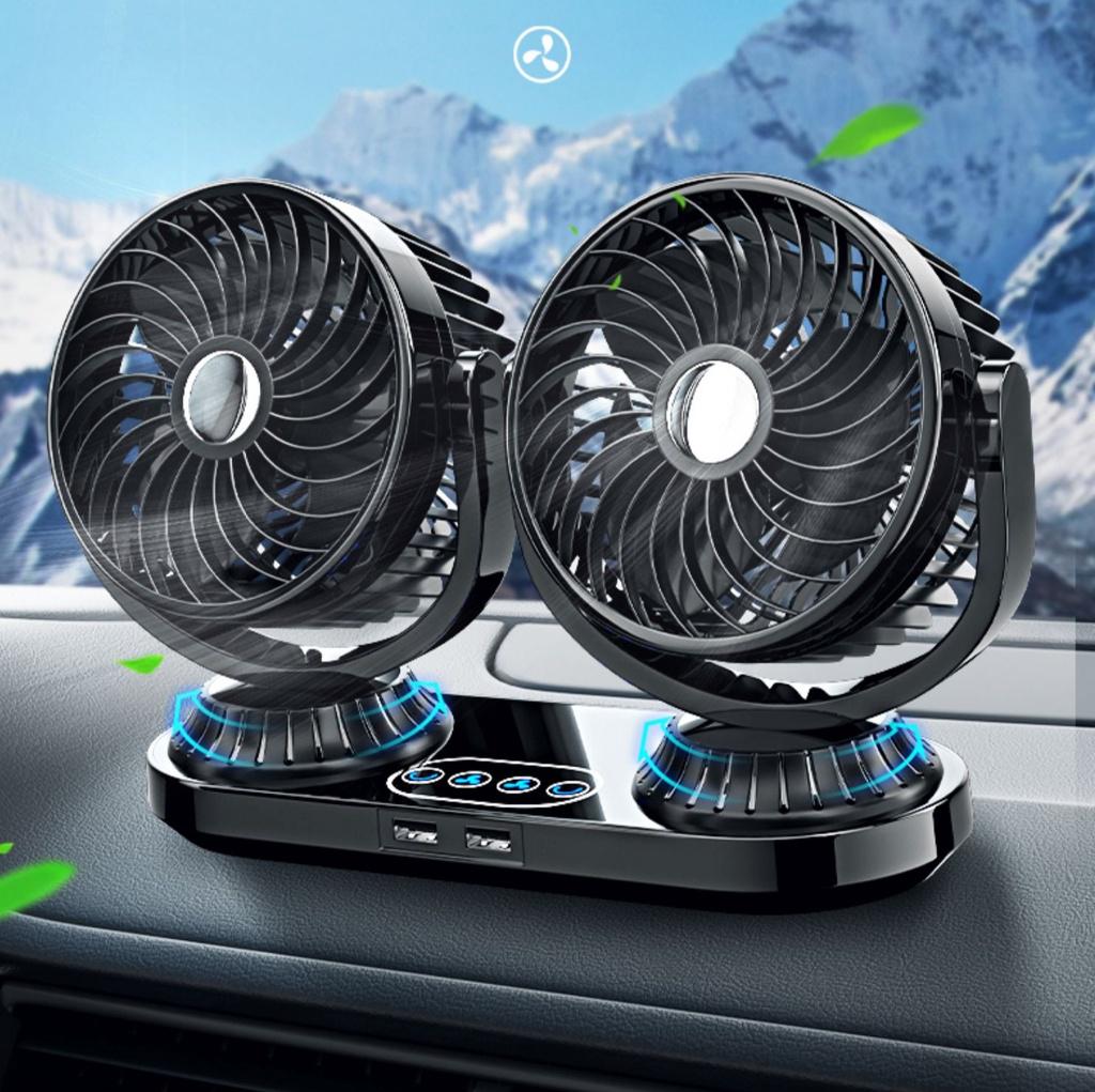 Hipacool 360° Rotatable Car Dual Head Fan 12V/24V 3 Speed Wind USB Fan Ventilator Fan Truck Air Conditioning Auto Cooling Fan