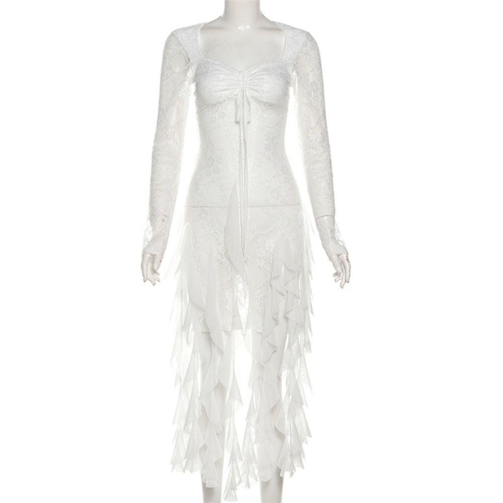 Long Sleeve Lace Flower Dress Ruffled Edge Transparent Dress Women Pleated Lace Dress  Party