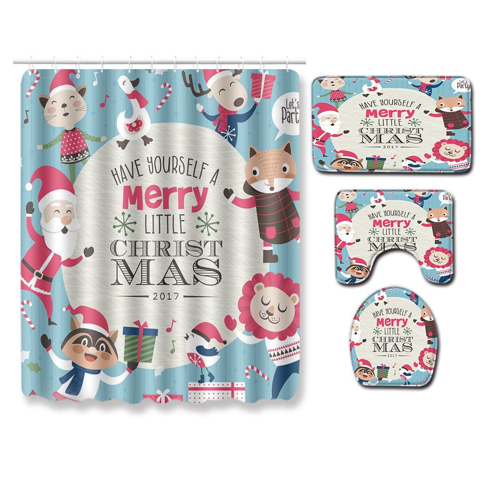 Christmas Waterproof Shower Curtain Floor Mat Four-Piece Set, Bathroom Water-Absorbing Non-Slip Door Mat, Shower Room Water-Absorbing Carpet