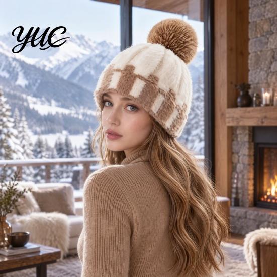 Soft Acrylic Polyester Cap Knit Winter Hat with Faux Fur Pom, Thick Color Thermal Headwear for Skiing Block Cable Cap, Elastic Cold Weather
